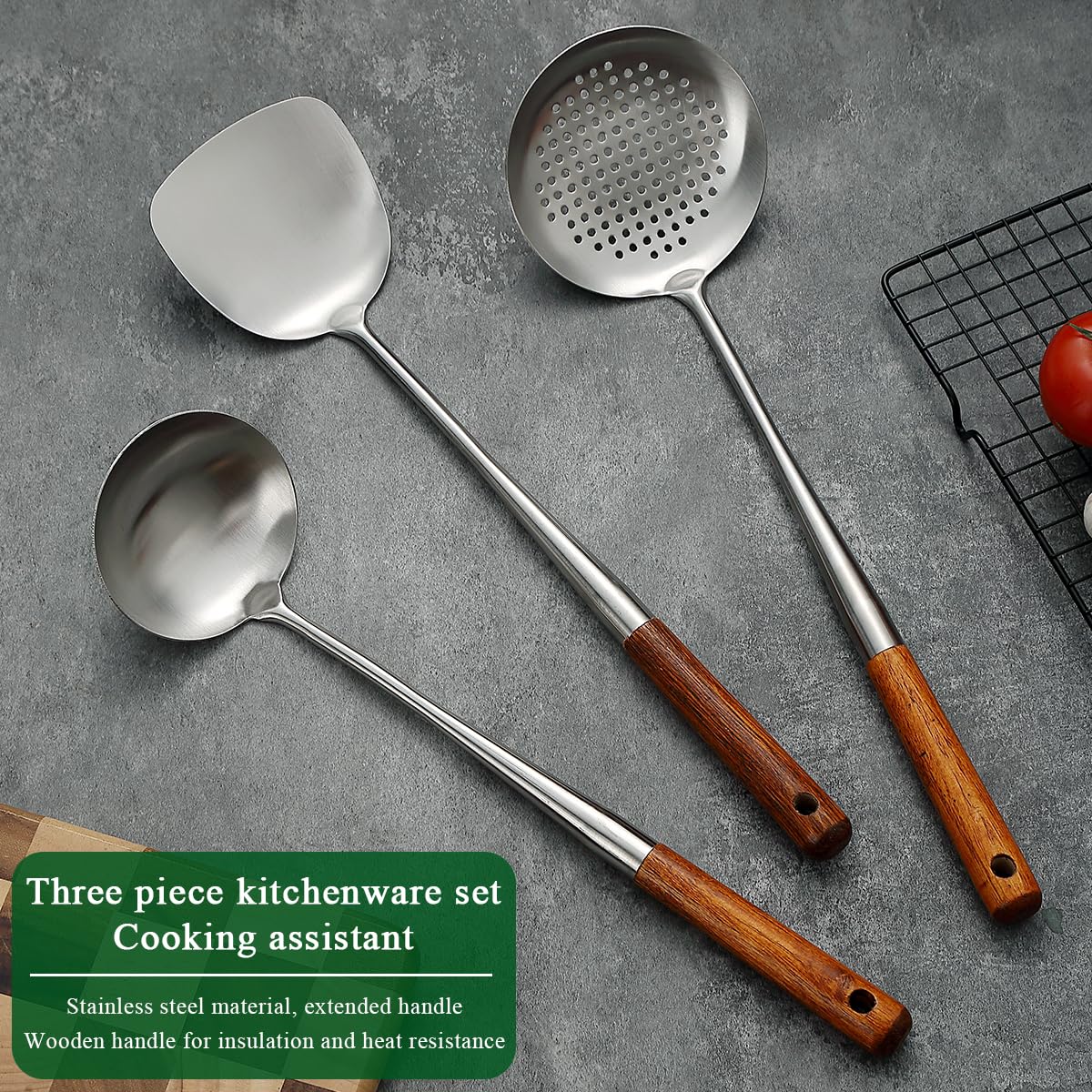 Evanda wok skimmer with long handle for precise skimming.