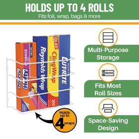 Evelots wrap organizer on cabinet door keeps foil and paper neatly organized.
