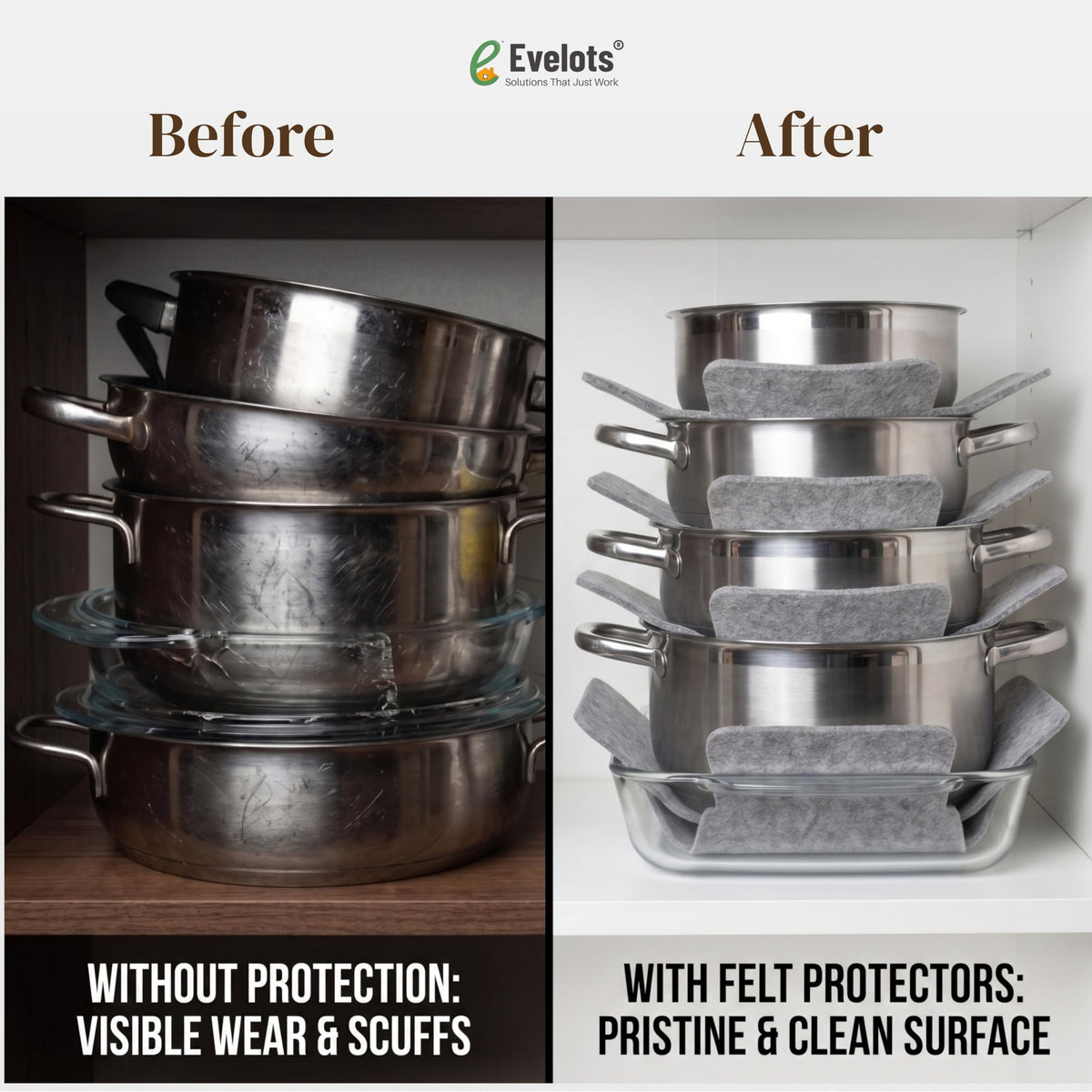 Pans and bakeware protected with Evelots divider set during long-term storage.