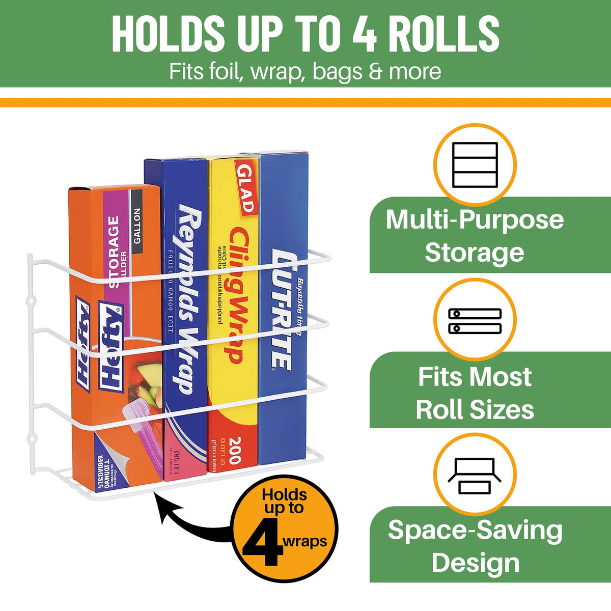 Evelots wrap organizer cabinet door mount keeps foil and plastic wrap within reach.