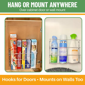 Evelots wrap organizer wall mount saves cabinet space in kitchens and laundries.