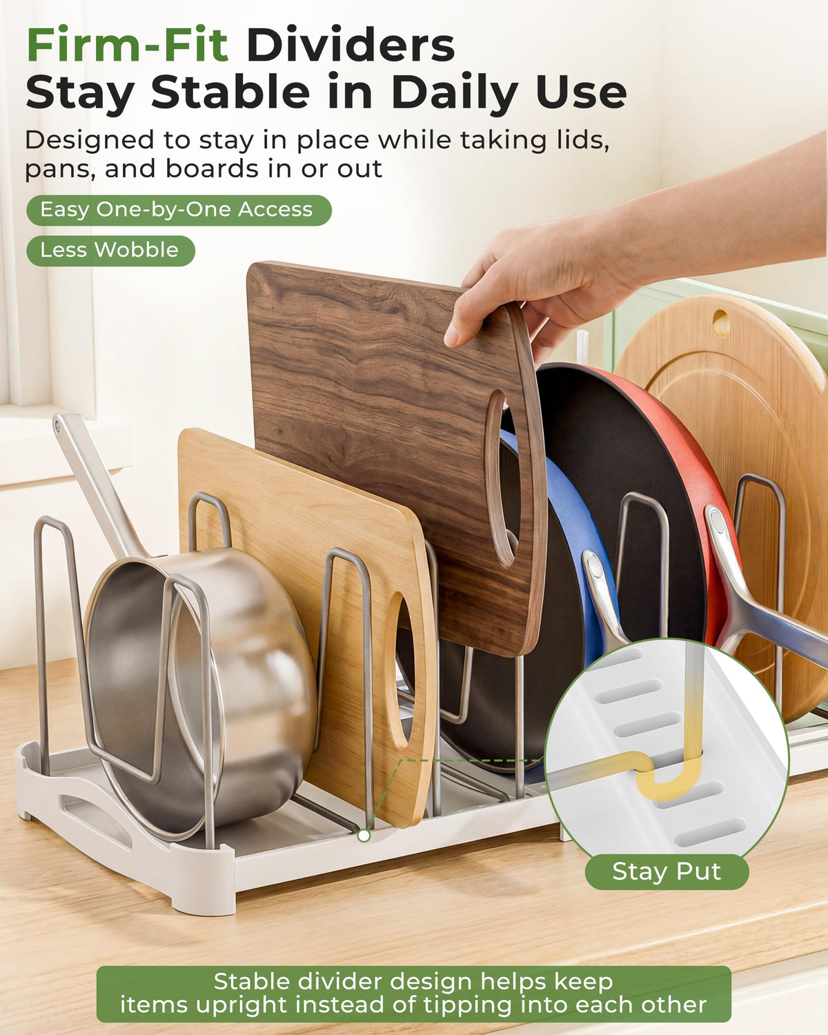 Everie extendable base with dividers adapts to cabinet width
