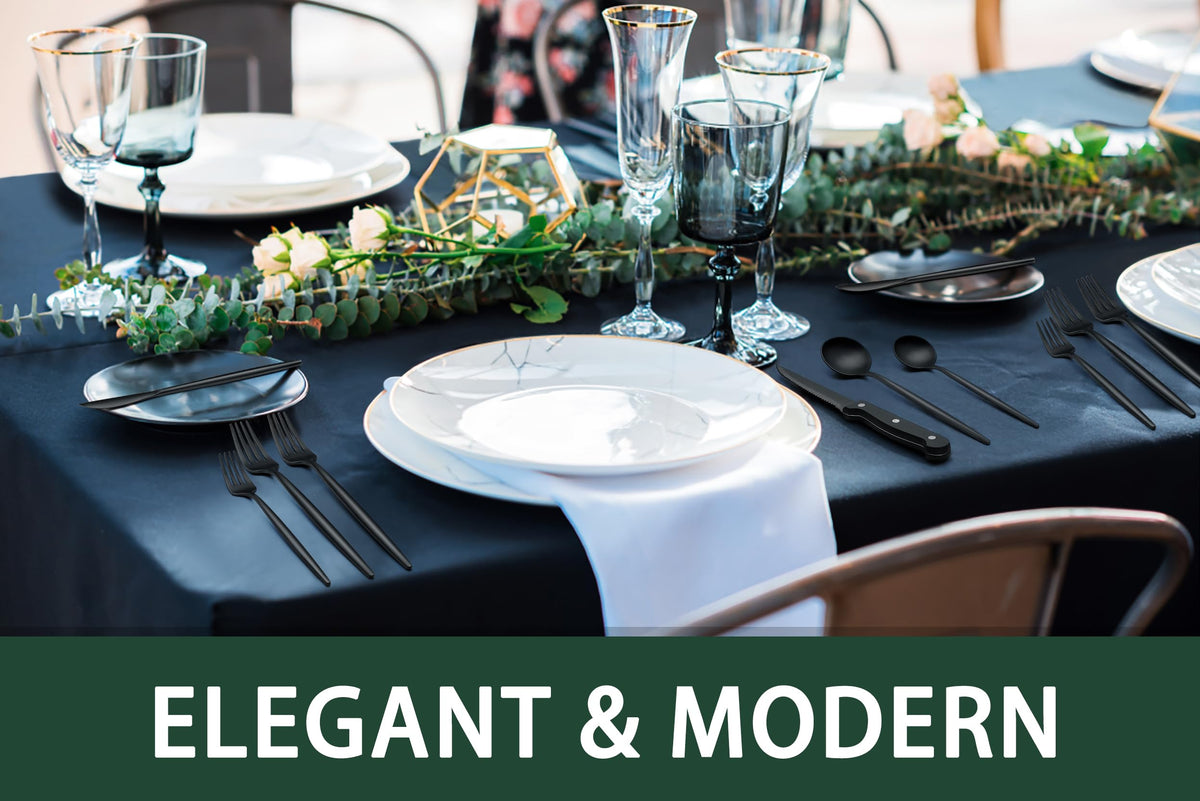 EWFEN dining setting with black silverware enhances modern table styling.