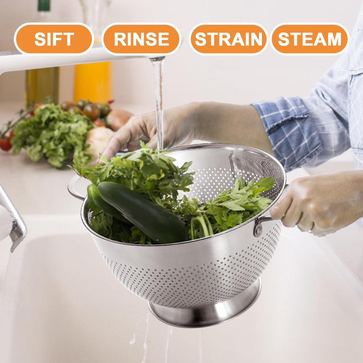 EWFEN three-piece colander set in a busy kitchen.