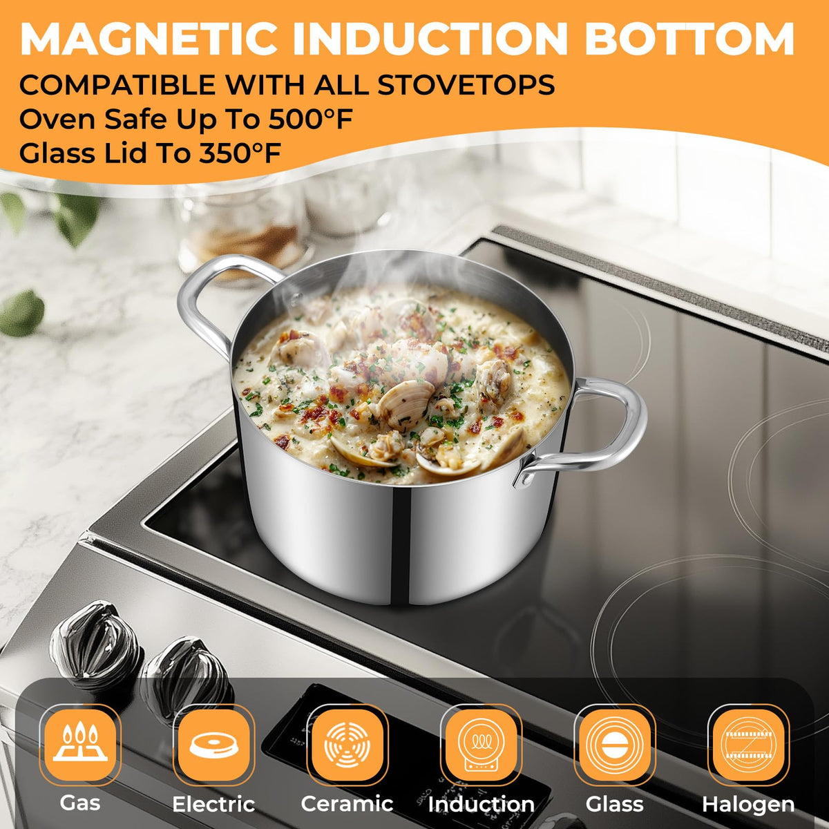 EWFEN Tri-Ply stock pot with dishwasher-safe design for easy cleanup.