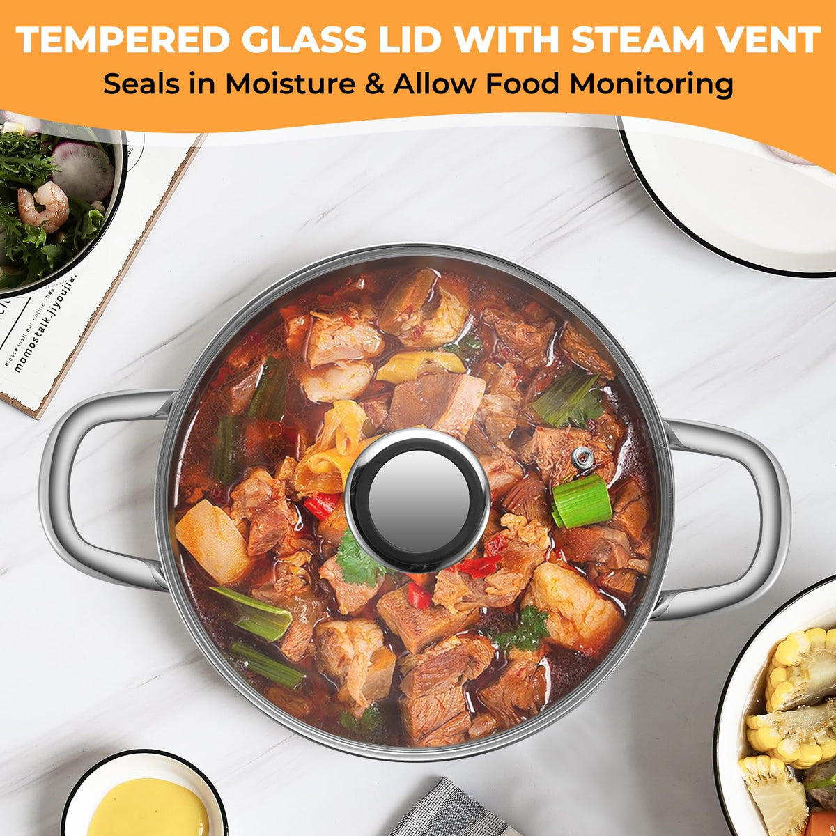 EWFEN glass lid with steam vent helps monitor moisture during cooking.