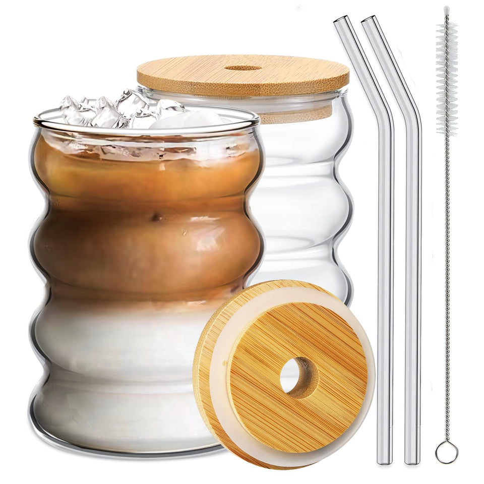 Ework4U 14oz drinking glasses with bamboo lids for everyday water and tea.