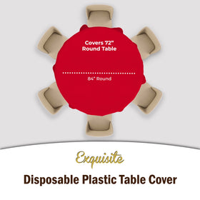 Exquisite red round tablecloth covers a dining setup for festive gatherings.