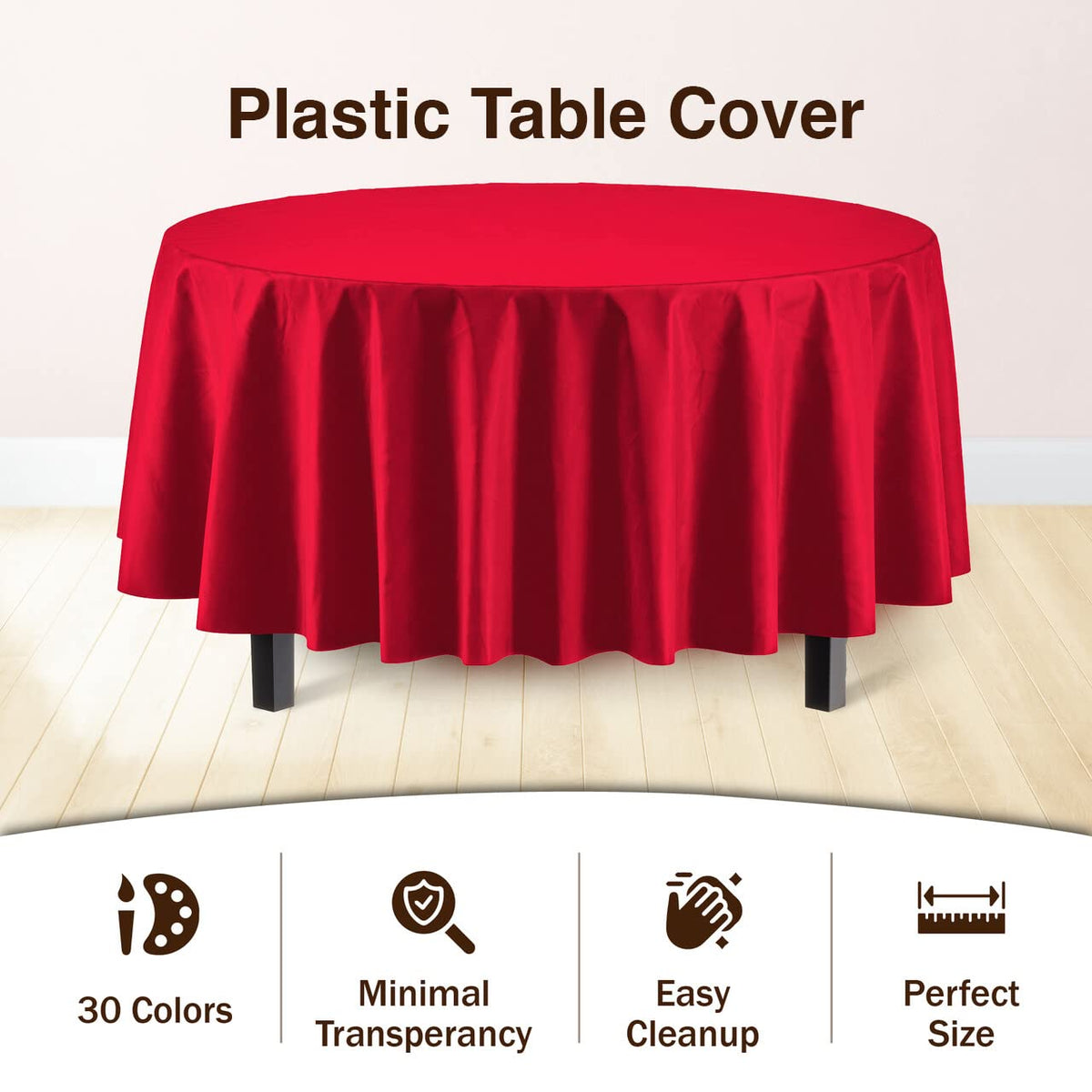 Exquisite disposable red round tablecloth 84in keeps tables clean after events.