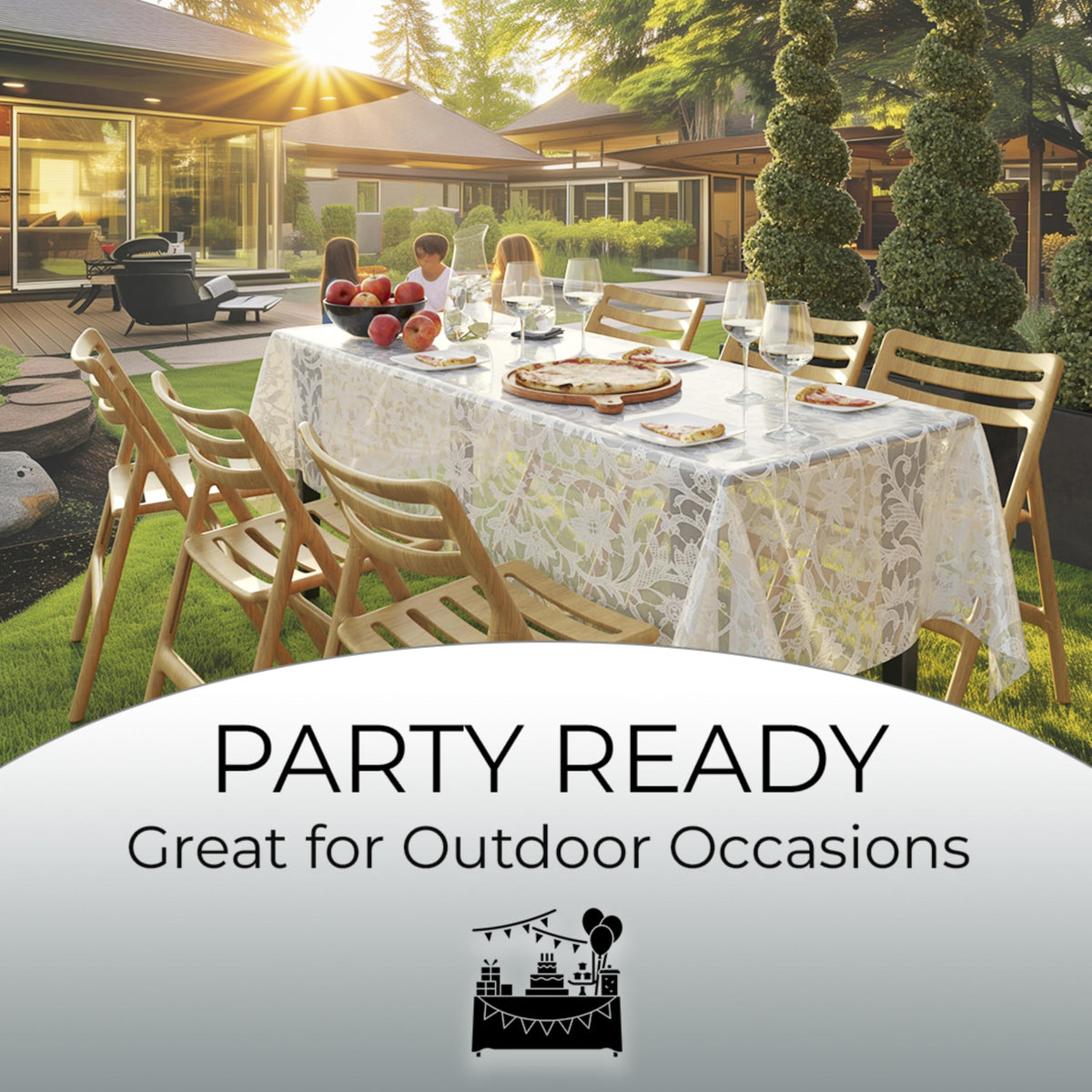 Exquisite Lace Table Cloth outdoor setup illustrates versatile use.