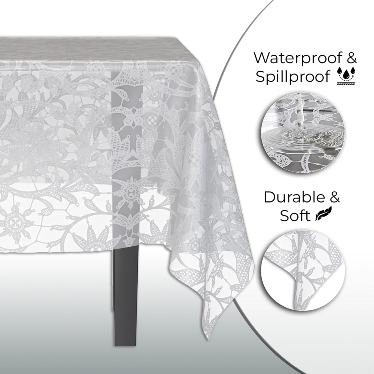 Exquisite Lace Table Cloth on a table setup shows easy cleanup.