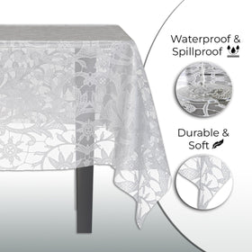 Exquisite Lace Table Cloth on a table setup shows easy cleanup.