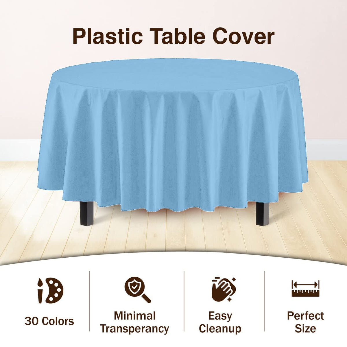 Exquisite light blue round tablecloth on dining table setup.