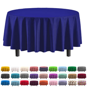 Exquisite navy blue round 84-inch tablecloth protecting a table surface during a party