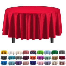 Exquisite red round 84in tablecloth shields surfaces from spills during celebrations.