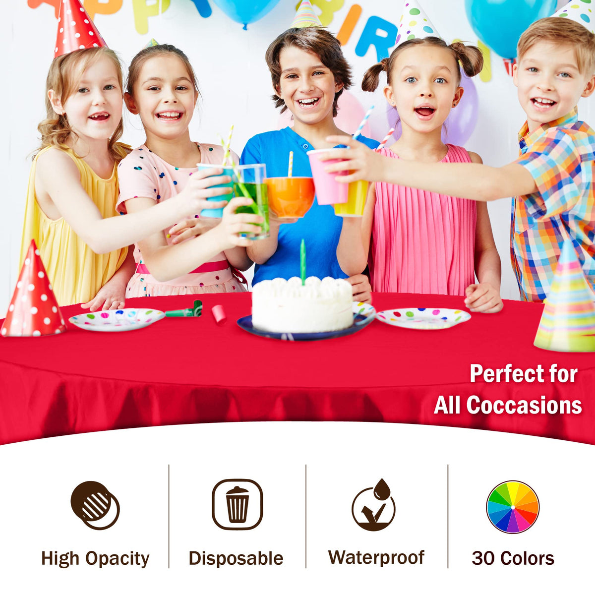 Exquisite round red tablecloth 84in makes cleanup quick and simple.