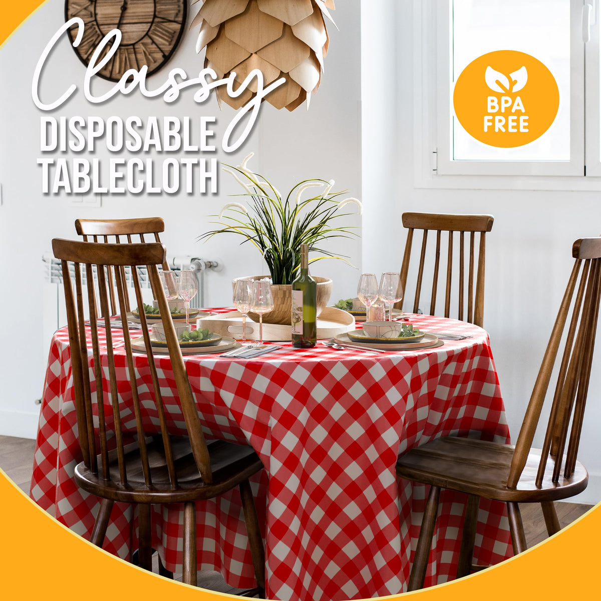 Exquisite red gingham round tablecloth on a backyard barbecue setup