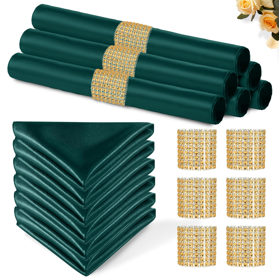 Eychei dark-green satin napkins 12x12 flatlay for an elegant wedding table.
