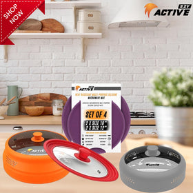 EZY ACTIVE BPA-free orange microwave cover protects foods without flavor transfer.