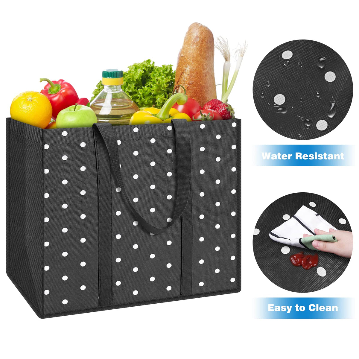 Fab totes reinforced seams enhance durability for heavy groceries.