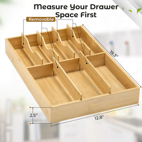 Fabsome bamboo flatware tray offers a long, wide layout for extra drawer storage.