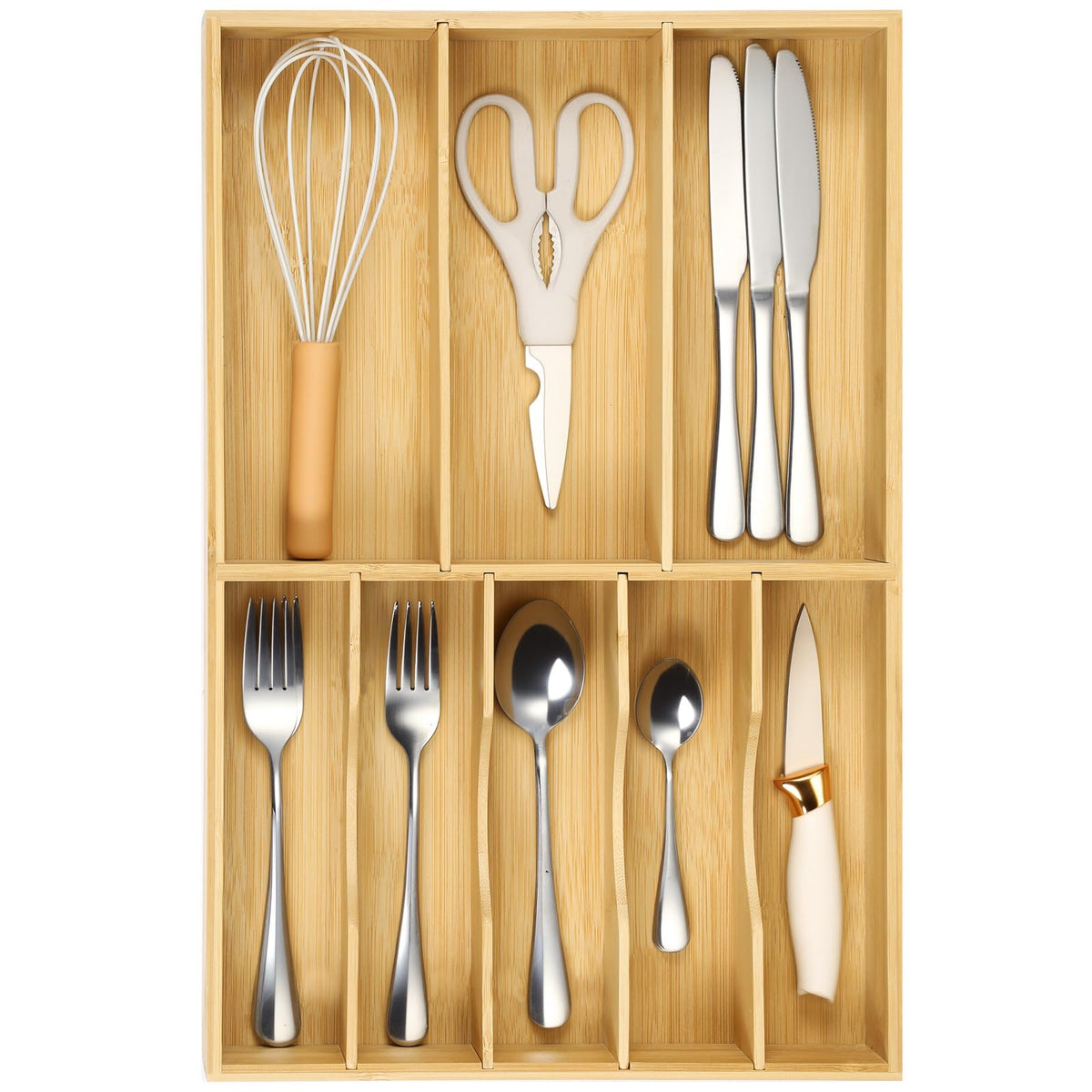 Fabsome silverware organizer with deep slots keeps large utensils neatly separated and accessible.