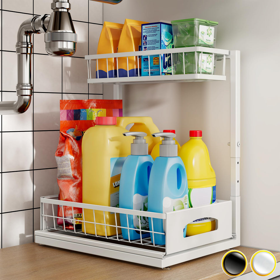 Fabutier under sink organizer top shelf boosts vertical storage around pipes.