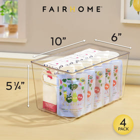 FAIRHOME set of four clear bins, stacked in cabinet for organization.