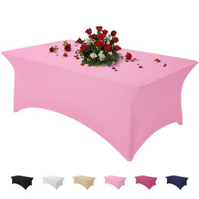 Famstar pink 6ft spandex tablecloth on rectangular table for a neat, fitted look.