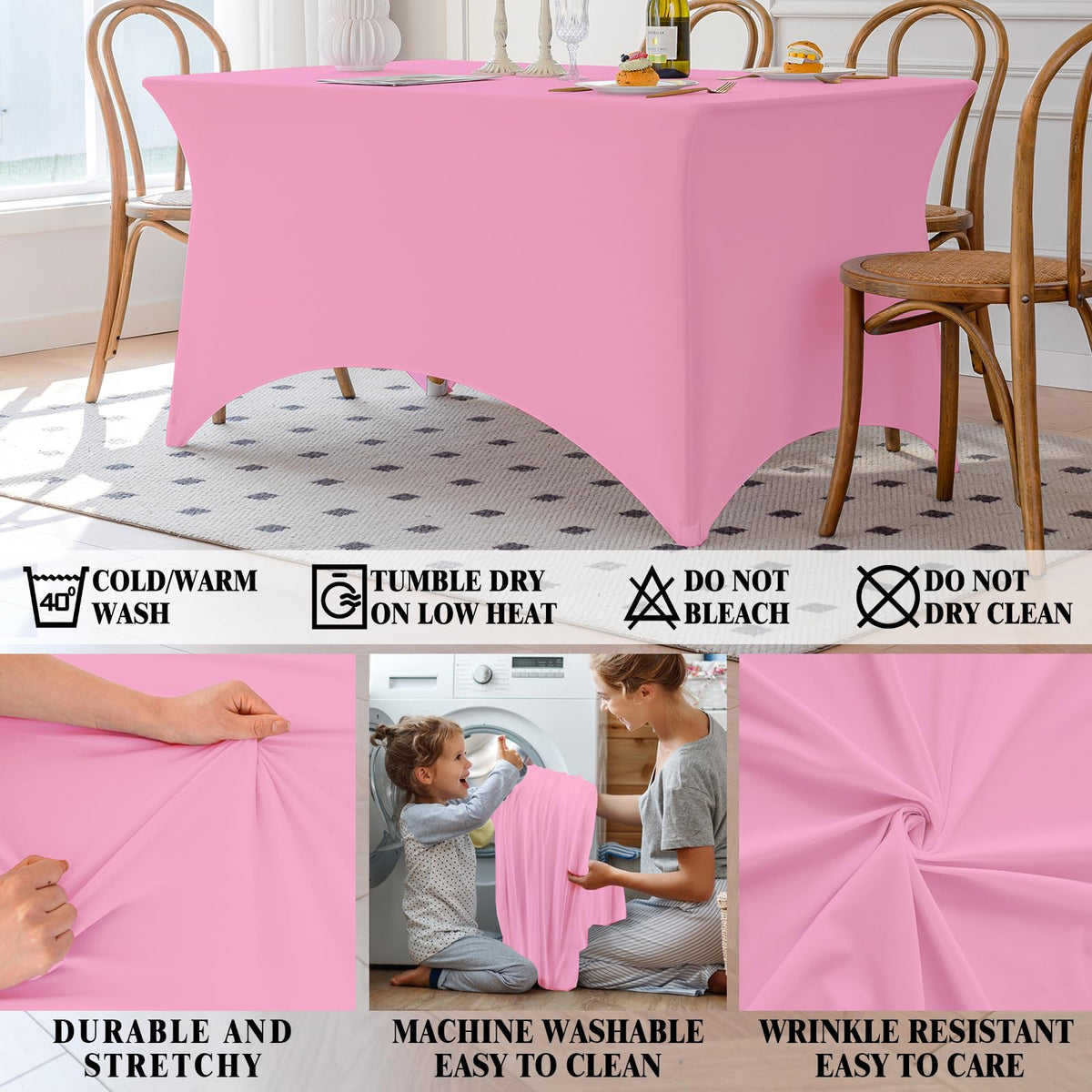 Famstar pink 8ft spandex tablecloth drapes wrinkle-free on table
