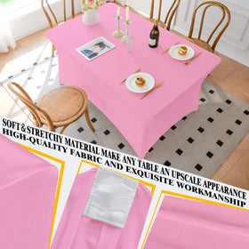 Famstar pink tablecloth features elastic pockets and four-way stretch for secure fit.