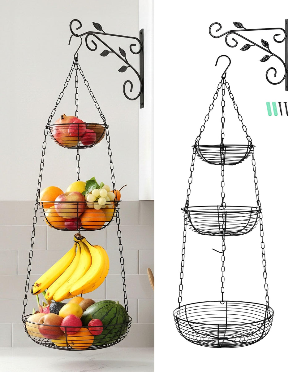 FANGSUN 3-tier hanging fruit basket with banana hook keeps counter organized.