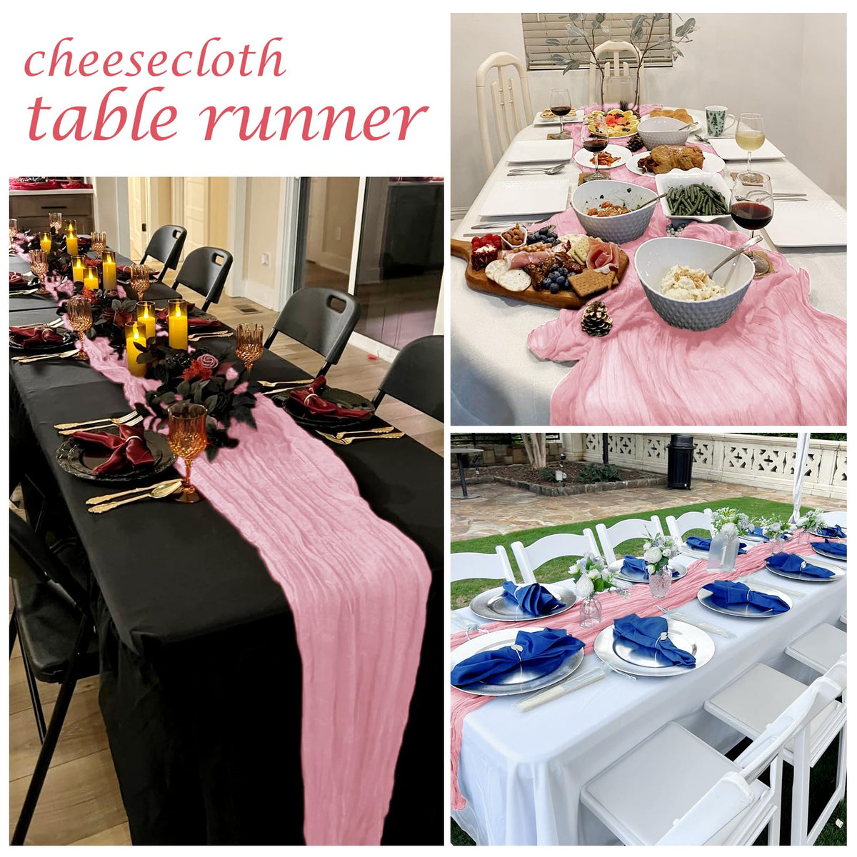 FANTEKE cheesecloth runner on banquet table enhances warm, romantic atmosphere