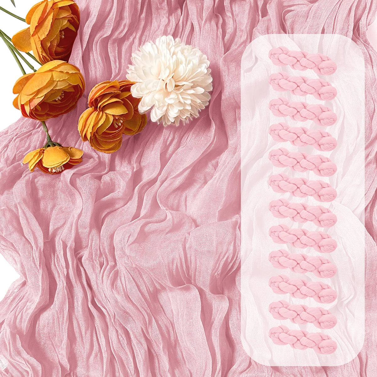 FANTEKE light pink cheesecloth table runner draped for a romantic rustic wedding table