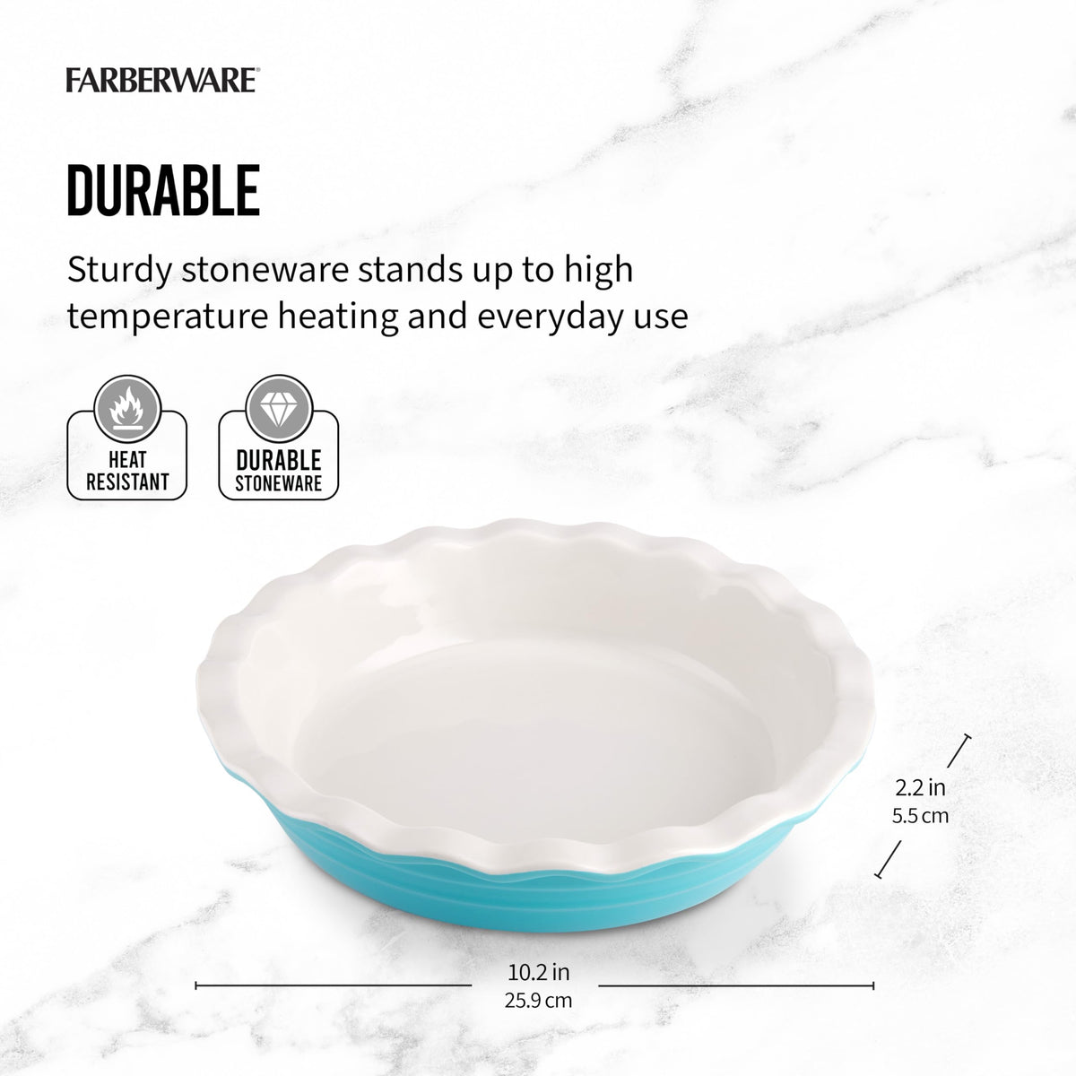 Farberware Bakers Advantage pie dish in teal and ivory for oven-to-table presentation.