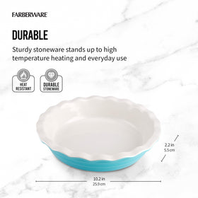 Farberware Bakers Advantage pie dish in teal and ivory for oven-to-table presentation.