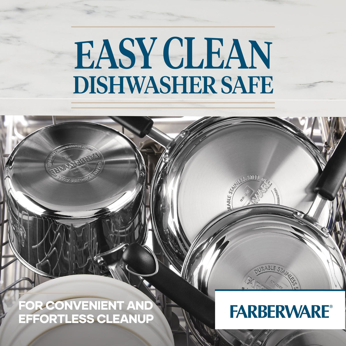 Farberware Brilliance polished stainless steel adds kitchen shine.