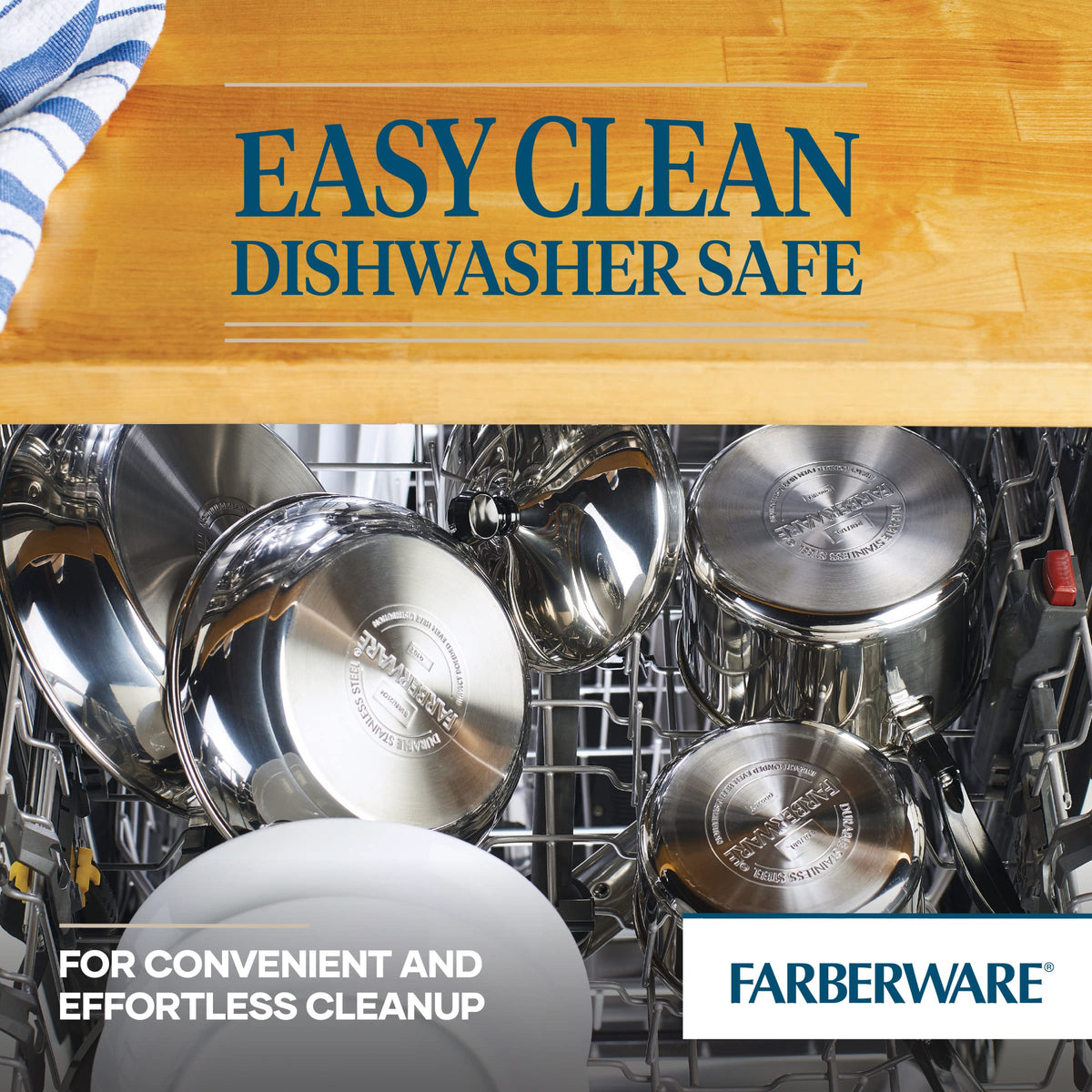 Farberware roaster with wide handles for secure lifting and transfer.