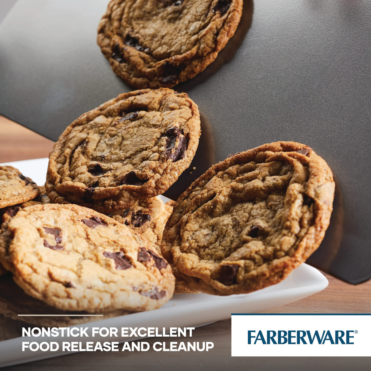 Farberware bake pan in oven demonstrates heat up to 450°F.