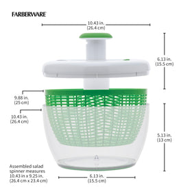 Farberware Pro Pump Salad Spinner green exterior on kitchen counter