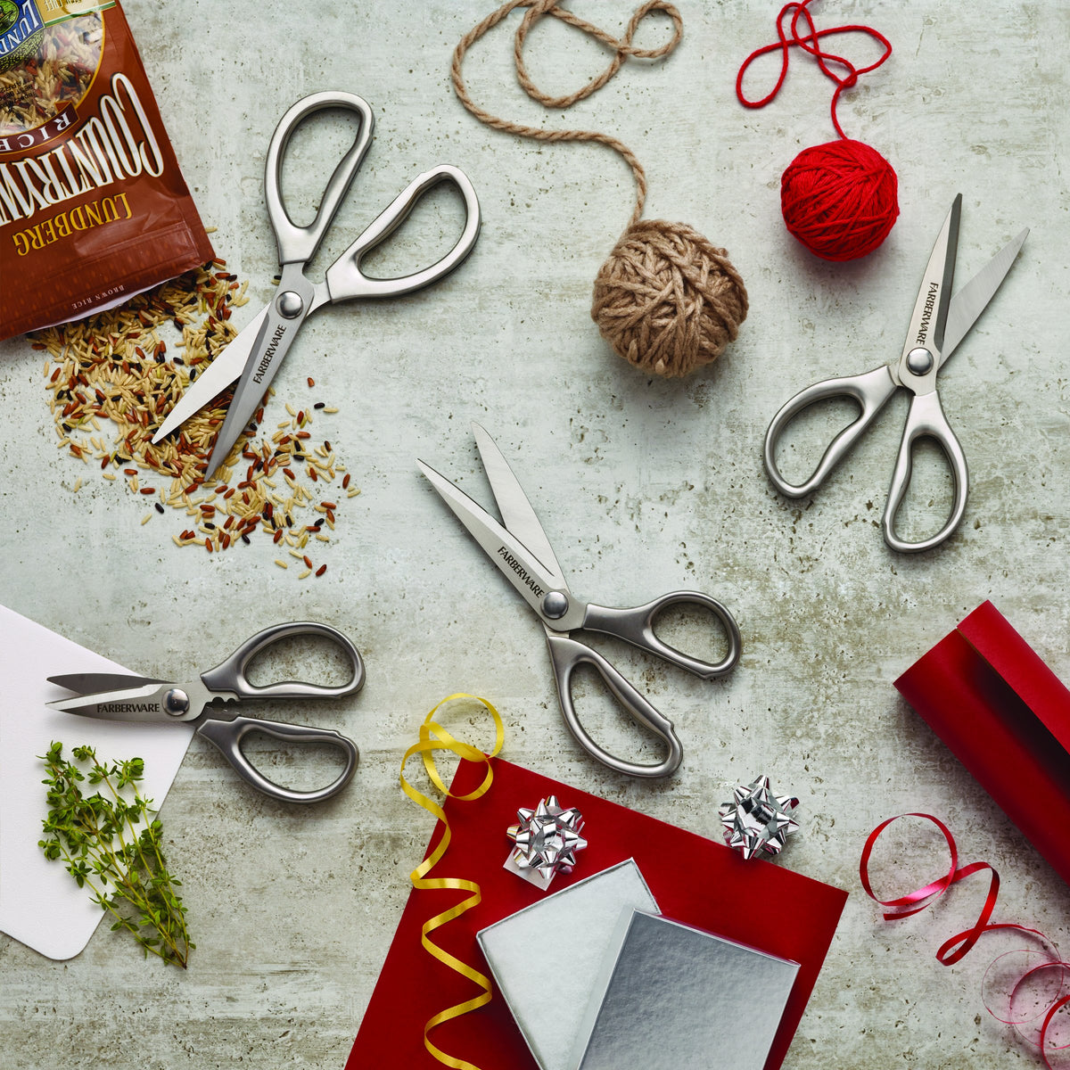 Farberware stainless steel shears with ergonomic grips for versatile household use.
