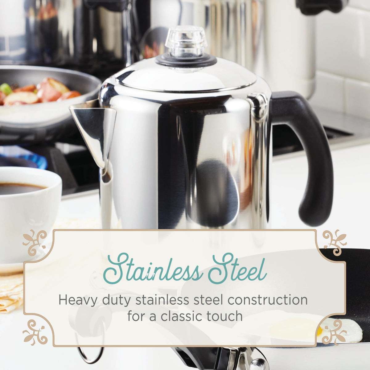 Farberware Yosemite 12-Cup percolator handle offers a balanced grip for easy pouring