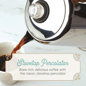 Farberware Yosemite 12-Cup percolator lid features a glass knob to monitor percolation