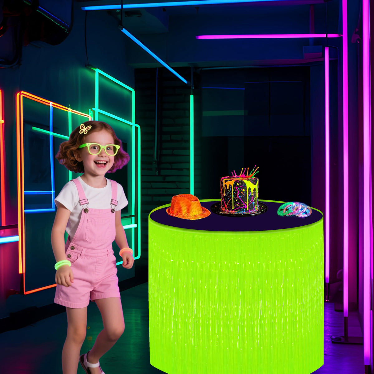 Fayoo glow neon fringe on stage adds dynamic UV illumination.