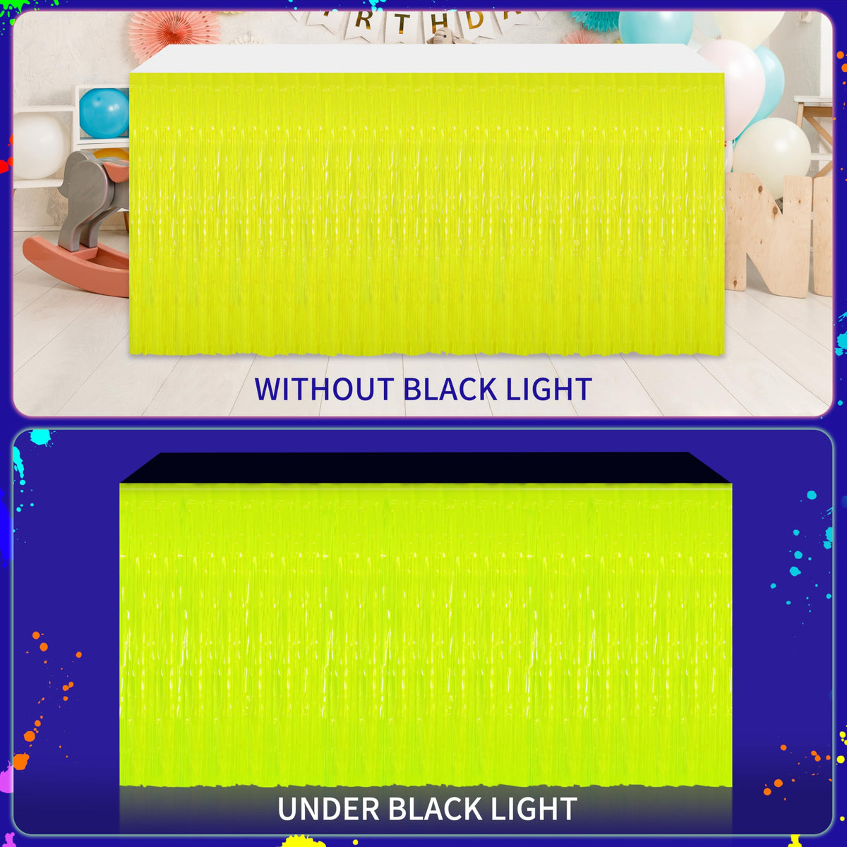 Fayoo Glow table skirt orange adds high-visibility color to celebrations.