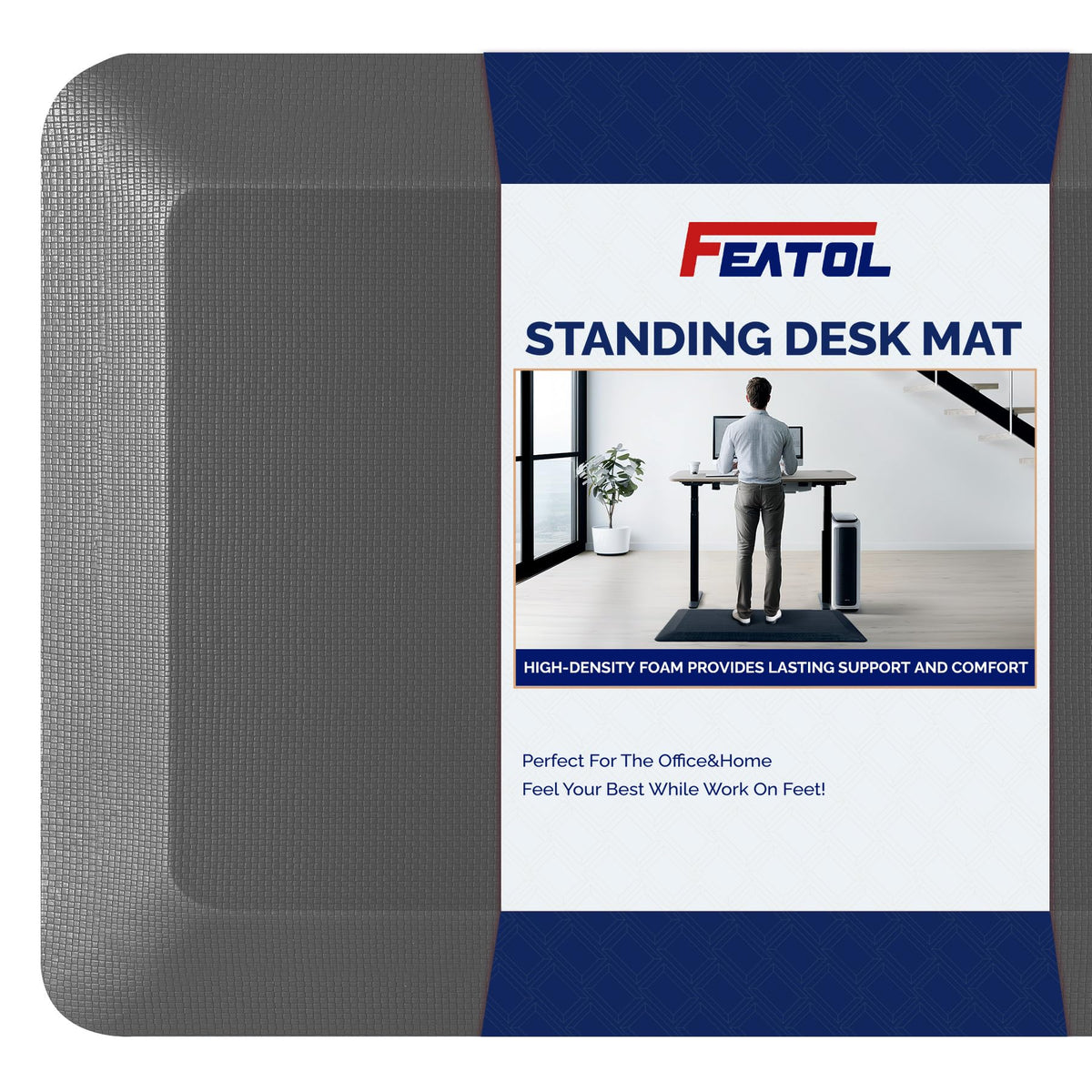 FEATOL anti-fatigue mat with 9-10 inch thickness for extended standing comfort.