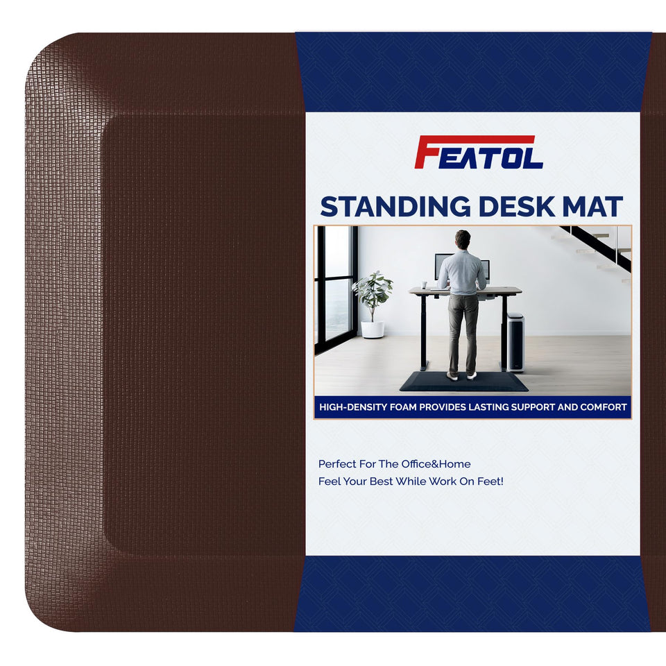 FEATOL anti-fatigue mat top view shows plush memory foam and brown PU surface for lasting comfort.