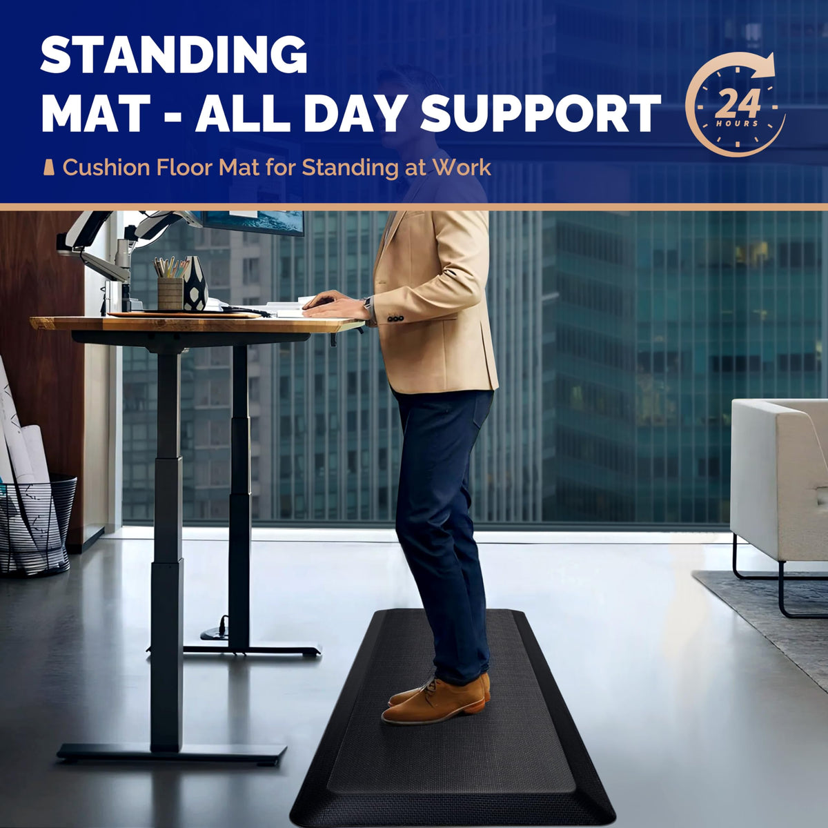 FEATOL standing desk mat surface detail shows PU leather top and durability