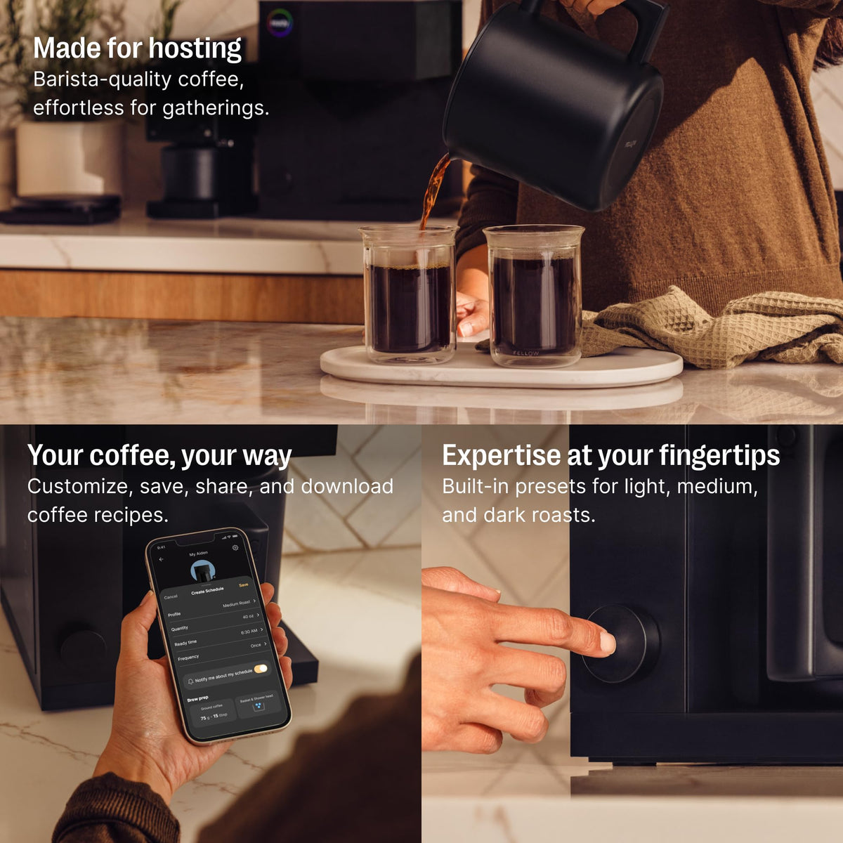 Fellow Aiden removable water tank simplifies refills during busy mornings.