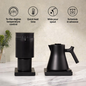 Close-up of the ergonomic handle on the Fellow Corvo EKG Pro for comfortable pouring.